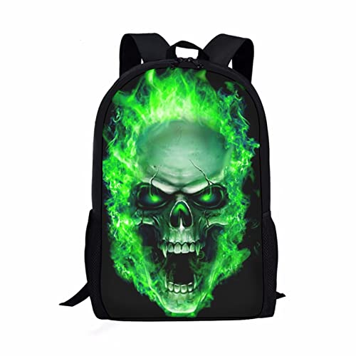 Belidome Schulrucksack für Kinder, Totenkopf, langlebig, verstellbar, Büchertasche, Grüner Feuerschädel, Einheitsgröße, Kinderrucksack von Belidome