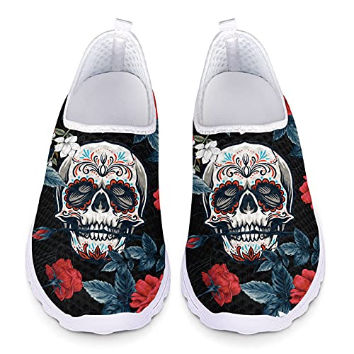 Belidome Skull Rose Slip on Schuhe für Sport Walk Casual Sneakers Trainer für Damen Herren von Belidome