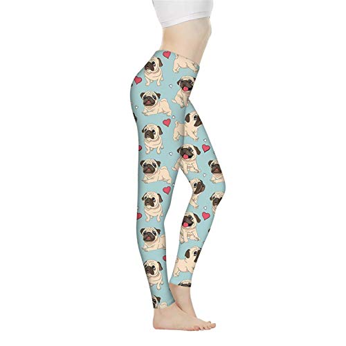 Belidome Stretch-Leggings für Damen, Yogahose für Joggen, Sport, hohe Taille, weich, langlebig, Größe XS-3XL, Mops Herz, XXX-Large von Belidome