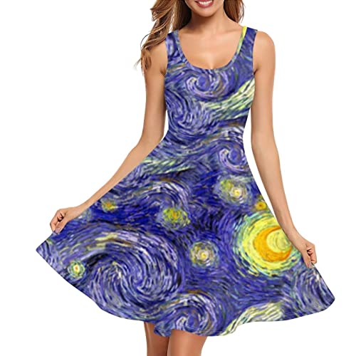 Belidome Tankkleid für Damen, ärmellos, Sommer, Übergröße, XS-4XL, lockeres Midi-Sommerkleid, Van Gogh Sternennacht, X-Large von Belidome