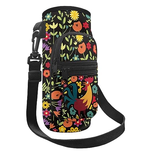 Belidome Wasserflaschenhalter mit Blumenmuster, Hahn und Huhn, mit Riemen, Schultertasche, Flaschenträger von Belidome