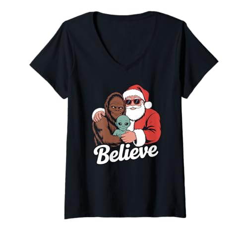 Damen Believe Bigfoot Santa Alien Funny Christmas sarkastic T-Shirt mit V-Ausschnitt von Believe Christmas