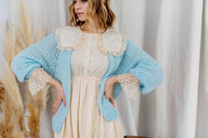 Damen Cardigan Bomber Winter Strick Handgestrickt Handmade Pullover Blau von BelieveInDreamsStore