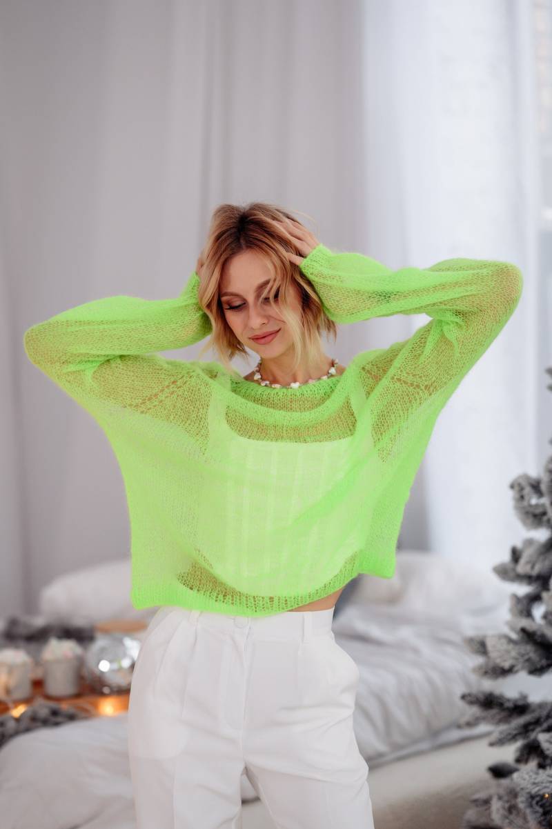 Neonpullover, Neongrün-Gelber Handgestrickter Pullover, Fluogelber Übergroßer Mohairpullover, Kidmohairpullover, Wollpullover von BelieveInDreamsStore