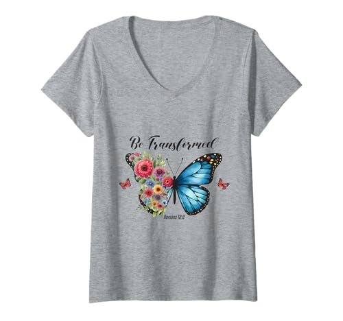 Damen Be Transformed Christian Scripture Zitat T-Shirt mit V-Ausschnitt von Believer's Blessings