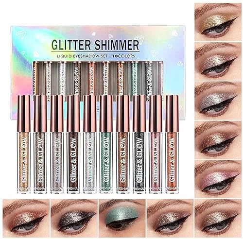 10-farbiger metallischer Glitter flüssiger Lidschatten-Set, wasserdichter rauchiger Lidschatten-Set, langlebige schnell trocknende Glitter Lidschatten Augen Make-up Kits (A) von Beliky Girl