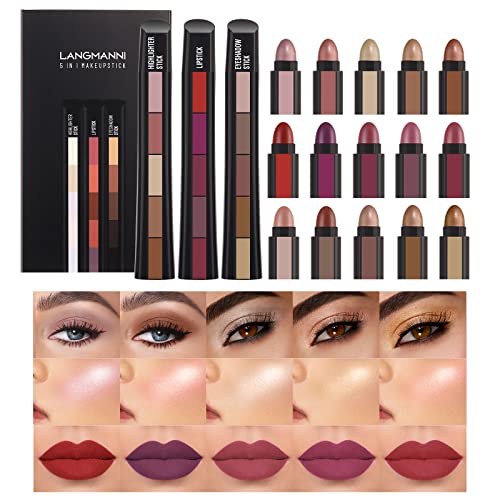 5 in 1 Lippenstift-Lidschatten- und Highlighter-Set, leichtes, mattes, samtiges, langanhaltendes, wasserfestes Lippenstift-Set von Beliky Girl