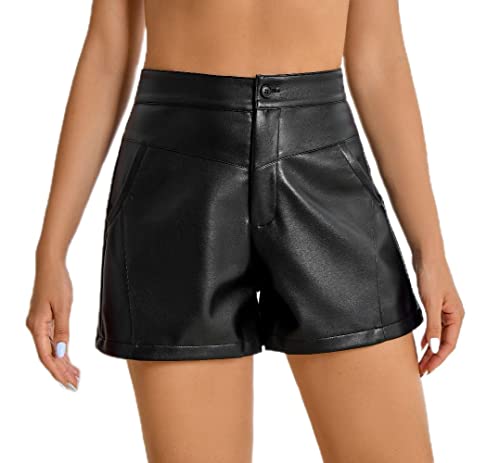 Belisy Damen Sexy Hohe Taille Leder Shorts Reißverschluss, Glänzend PU Lederoptik Kurze Hose mit Taschen von Belisy