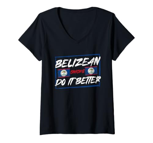 Damen Stolze Belize-Flagge, belizisches Erbe Farben T-Shirt mit V-Ausschnitt Damen Stolze Belize-Flagge, belizisches Erbe Farben T-Shirt mit V-Ausschnitt von Belizean Chicks Do It Better Fun Belize Girls