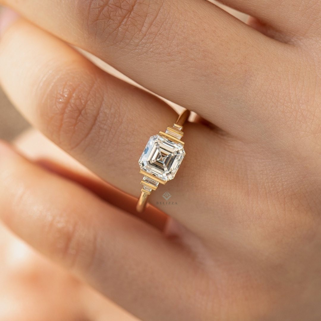 2Ct Asscher Lab Gewachsen Diamant Mit Baguette Tension Setting Verlobungsring, 14K Solid Gold Vorschlag Ring, Geschenk Für Sie, Mutter von BelizzaJewel
