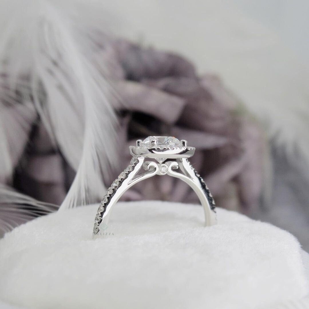 Art Deco Halo Runder Lab Grown Diamant Verlobungsring Aus 14K Weißgold, Einzigartiger Vorschlag Ring, Geschenk Für Sie/Mutter von BelizzaJewel