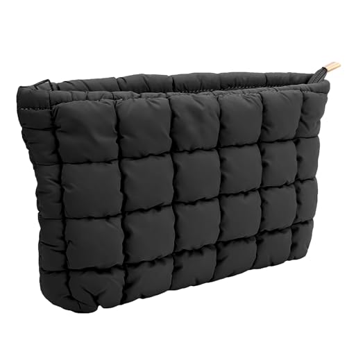 Beljeley Puffer gesteppte Make-up-Tasche, geschwollene karierte Reise-Kosmetiktasche, gesteppter Kulturbeutel, Organizer für Make-up-Pinsel, Schwarz, Gesteppt von Beljeley