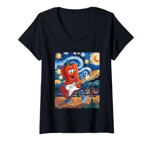 Damen Sternennachtglocke Pfeffer T-Shirt mit V-Ausschnitt Damen Sternennachtglocke Pfeffer T-Shirt mit V-Ausschnitt von Bell Pepper Guitar