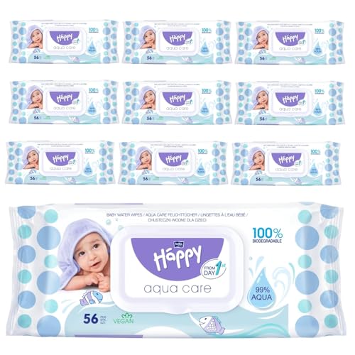 bella baby Happy Aqua Care Feuchttücher, 10er Pack (10x56 Stück), 100% biologisch abbaubar, 99% Wasser, ab dem 1. Lebenstag von Bella Baby Happy