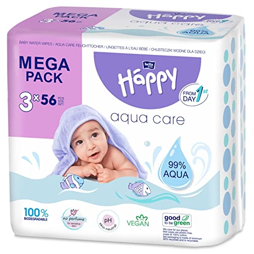 bella baby Happy Feuchttücher für Baby mit 99% Wasser, Aqua Care 3er Pack (3x56 Stück), 100% biologisch abbaubar, Baby Feuchttücher von Bella Baby Happy