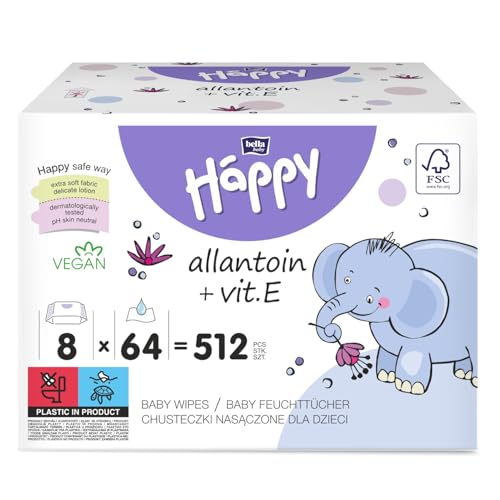 bella baby Happy Babyfeuchttücher mit Allantoin & Vit. E 512 Tücher (8 x 64 Stück) pflegende Feuchttücher für Babys von Bella Baby Happy