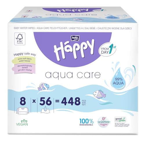 bella baby Happy Baby Feuchttücher mit 99% Wasser, Feuchttücher Box für Baby Aqua Care mit Klickverschluss (8x56 Stück) von Bella Baby Happy
