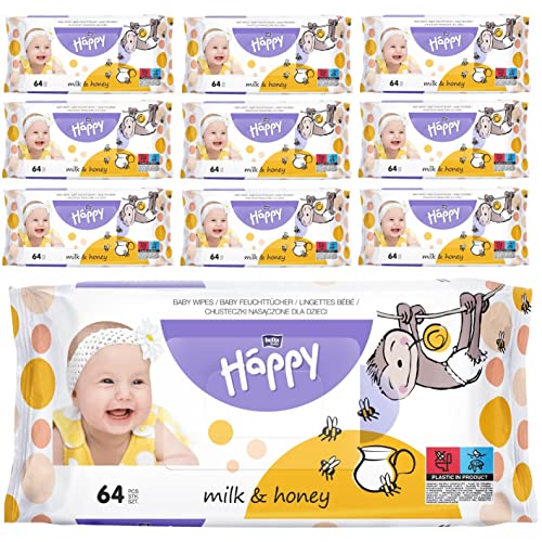 bella baby Happy Babyfeuchttücher Milch & Honig, 10er Pack (10 x 64 Stück), Feuchttücher für Babys im Vorratspack, feuchtigkeitsspendend von Bella Baby Happy