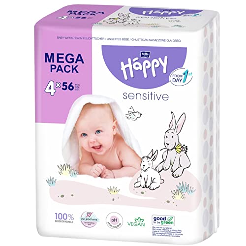 bella baby Happy vegane Baby Feuchttücher Sensitive plastikfrei und biologisch abbaubar, 4er Pack (4 x 56 Stück), Feuchttücher für Babys zur Pflege von sensibler Haut von Bella Baby Happy