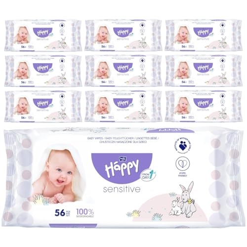 bella baby Happy Babyfeuchttücher Sensitive mit Klickverschluss, 10er Pack (10 x 56 Stück) Feuchttücher für Babys zur Pflege von sensibler Haut von Bella Baby Happy