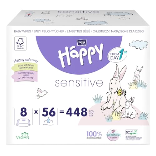 bella baby Happy Babyfeuchttücher Sensitive mit Klickverschluss, 8er Pack (8 x 56 Stück) Feuchttücher für Babys zur Pflege von sensibler Haut von Bella Baby Happy