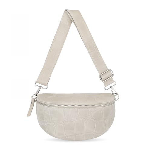 Bella Blossom Bauchtasche Damen Krokodil Optik, Crossbody-Bag aus 100% Echtleder, gesteppte Leder Umhängetasche Medium mit verstellbaren Schultergurt für jeden Anlass (Beige) von Bella Blossom