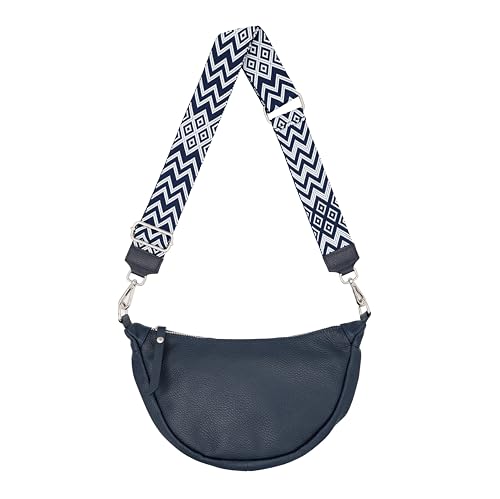 Bella Blossom Damen Crossbody Schultertasche, Halbmond-Bauchtasche aus 100% Echtleder mit gemusterten & verstellbaren Schultergurt, Stylische Moonbag für jeden Anlass (Blau 3) von Bella Blossom