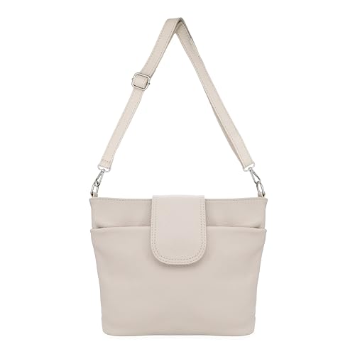 Bella Blossom Schultertasche Damen Mittelgroß, Umhängetasche aus 100% Echtleder, geräumige Crossbody-Bag mit verstellbaren Taschengurt, Handtasche für Freizeit & Reisen (Beige) von Bella Blossom