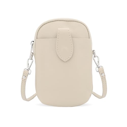 Bella Blossom Umhängetasche Damen klein, Handytasche zum Umhängen aus 100% Echtleder, Handy-Umhängetasche mit verstellbarem Gurt für Freizeit & Reisen (Beige) von Bella Blossom