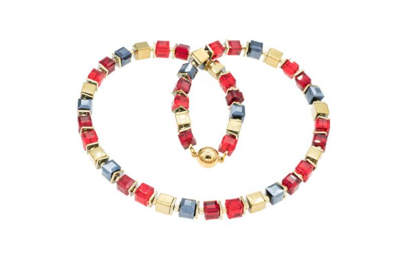 Bella Carina Perlenkette Glaswürfel Kette rot gold mit Hämatit Magnetverschluss von Bella Carina