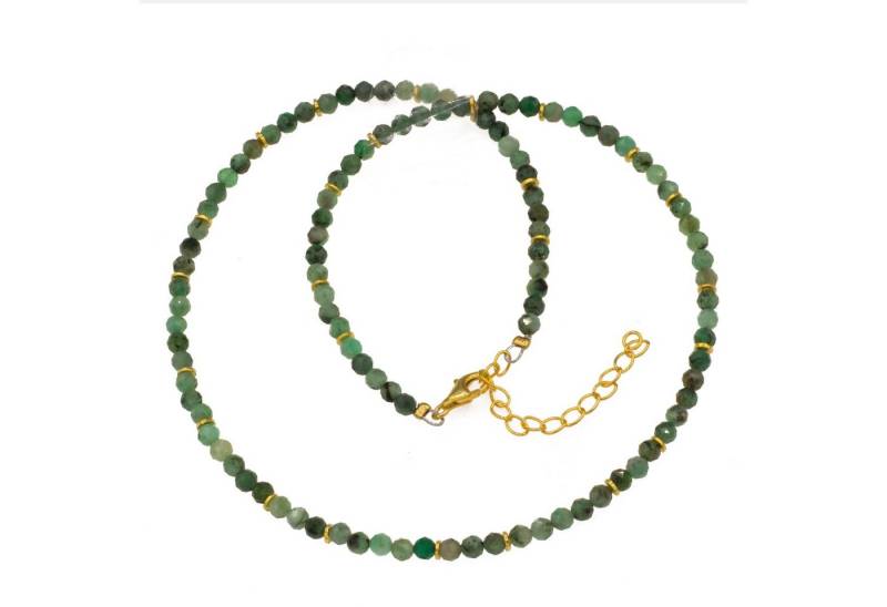 Perlenkette Kette mit facettierten Smaragd Perlen 3,5 mm facettiert, vergoldeten Verzierungen 42 - 47 cm, mit echten Smaragd Perlen von Bella Carina