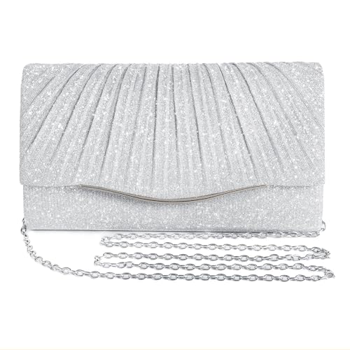 BellaBlend TELAIN Glitzernde Clutch Handtasche für Damen, Elegante Abendtasche für Hochzeit, Cocktail, Party & Festliche Anlässe, Mit Abnehmbarer Schulterkette, Vielseitig als Clutch (Silber) von BellaBlend