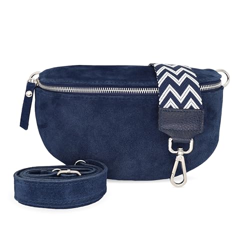 BellaBlossom Bauchtasche Damen, Umhängetasche aus Wildleder, Elegante Crossbody-Bag mit gemusterten & verstellbaren Schultergurt, Schultertasche für jeden Anlass Blau 3 M (Wildleder) von BellaBlossom