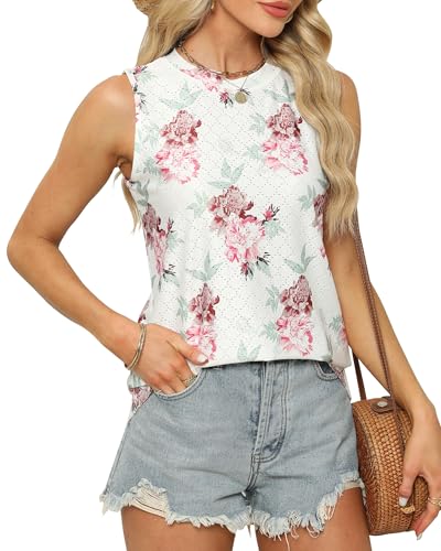 Sommer Top Damen Locker Aushöhlen Ärmellos T Shirt Elegant Tanktop Ohne Arm Rundhals Bluse Oberteile Tunika Tops, Z Blume Rot, M von BellaDila
