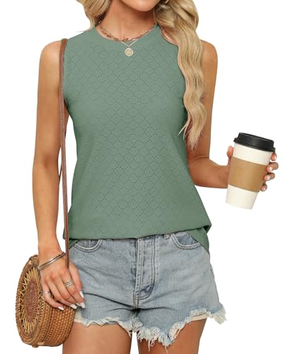 Sommer Top Damen Locker Aushöhlen Ärmellos T Shirt Elegant Tanktop Ohne Arm Rundhals Bluse Oberteile Tunika Tops, Dunkelgrün, M von BellaDila