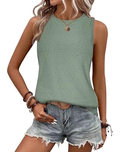 BellaDila Damen Öse Sommer Tank Top Locker Rundhals Ärmellos T Shirt Elegant Ohne Arm Bluse Oberteile Tops 2024, Dunkelgrün, M von BellaDila