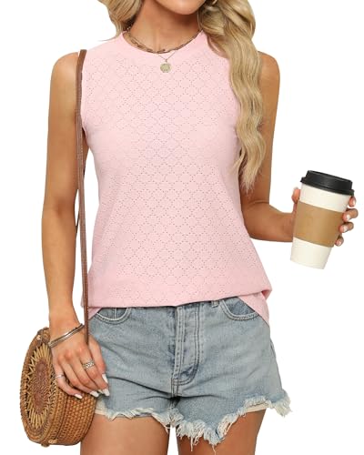 Sommer Top Damen Locker Aushöhlen Ärmellos T Shirt Elegant Tanktop Ohne Arm Rundhals Bluse Oberteile Tunika Tops, Rosa, L von BellaDila