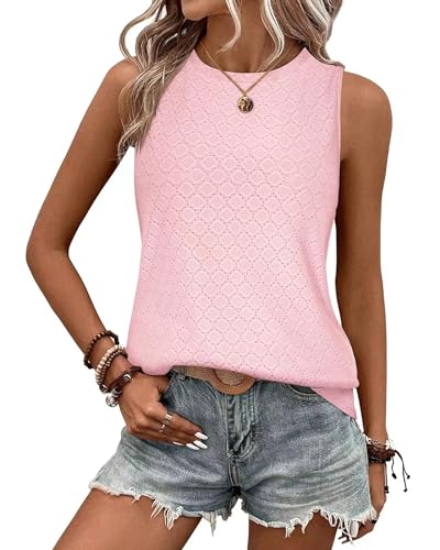 BellaDila Damen Öse Sommer Tank Top Rundhals Ärmellos T Shirt Elegant Ohne Arm Bluse Oberteile Tops 2024, Rosa, M von BellaDila