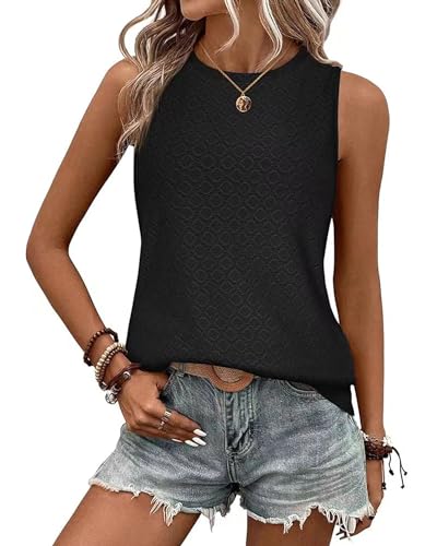 BellaDila Damen Öse Sommer Tank Top Rundhals Ärmellos T Shirt Elegant Ohne Arm Bluse Oberteile Tops 2024, Schwarz, M von BellaDila