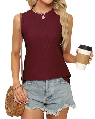 Sommer Top Damen Locker Aushöhlen Ärmellos T Shirt Elegant Tanktop Ohne Arm Rundhals Bluse Oberteile Tunika Tops, Weinrot, M von BellaDila