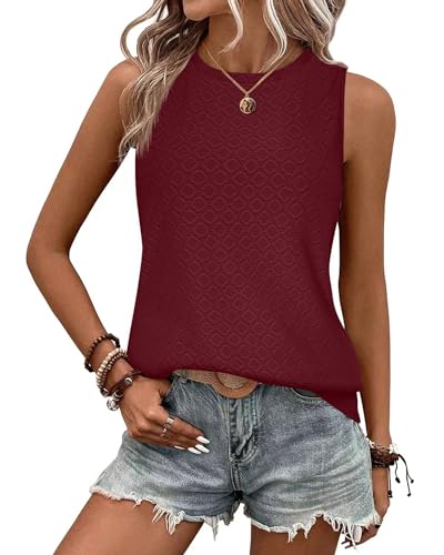 BellaDila Damen Öse Sommer Tank Top Rundhals Ärmellos T Shirt Elegant Ohne Arm Bluse Oberteile Tops 2024, Weinrot, S von BellaDila