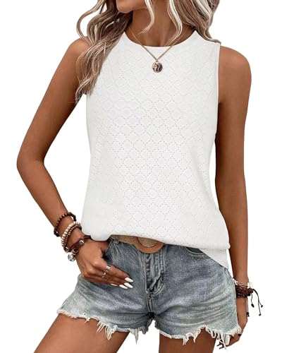 BellaDila Damen Öse Sommer Tank Top Rundhals Ärmellos T Shirt Elegant Ohne Arm Bluse Oberteile Tops 2024, Weiß, M von BellaDila