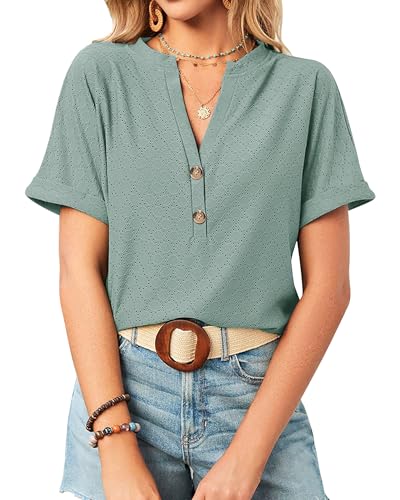 Bluse Damen Sommer Aushöhlen V Ausschnitt T Shirt Kurzarm Knopfleiste Oberteile Elegant Tunika Locker Top, Grün, L von BellaDila