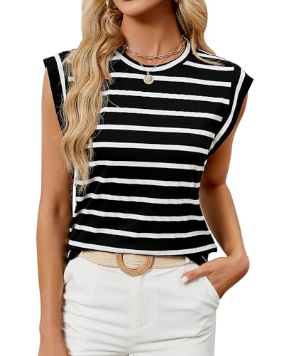 BellaDila Damen Sommer Locker Tank Top Ärmellose Flügelärmel T Shirt Casual Rundhals Tops Einfarbig/Gestreift Oberteile 2024A Gestreift Schwarz, M von BellaDila