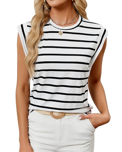 BellaDila Damen Sommer Locker Tank Top Ärmellose Flügelärmel T Shirt Casual Rundhals Tops Einfarbig/Gestreift Oberteile 2024A Gestreift Weiß, L von BellaDila