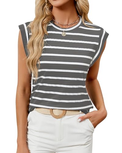 BellaDila Damen Sommer Locker Tank Top Ärmellose Flügelärmel T Shirt Casual Rundhals Tops Einfarbig/Gestreift Oberteile 2024A Gestreift Grau, M von BellaDila