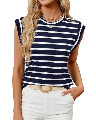 BellaDila Damen Sommer Locker Tank Top Ärmellose Flügelärmel T Shirt Casual Rundhals Tops Einfarbig/Gestreift Oberteile 2024A Gestreift Marineblau, L von BellaDila