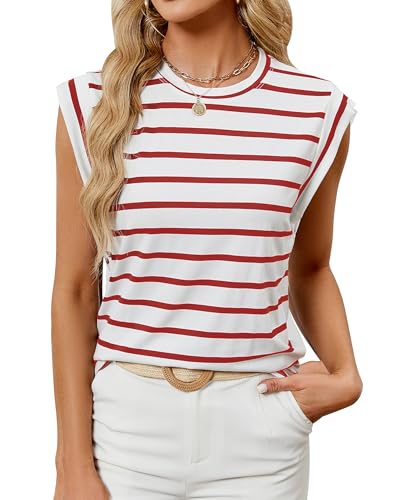 BellaDila Damen Sommer Locker Tank Top Ärmellose Flügelärmel T Shirt Casual Rundhals Tops Einfarbig/Gestreift Oberteile 2024A Gestreift Rot, L von BellaDila