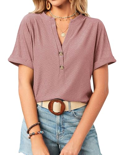 Bluse Damen Sommer Aushöhlen V Ausschnitt T Shirt Kurzarm Knopfleiste Oberteile Elegant Tunika Locker Top, Rosarot, S von BellaDila