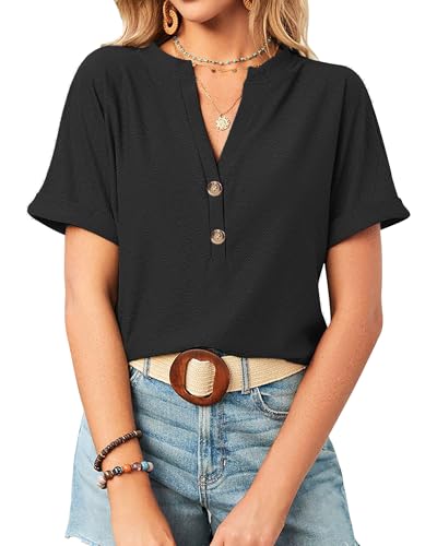 Bluse Damen Sommer Aushöhlen V Ausschnitt T Shirt Kurzarm Knopfleiste Oberteile Elegant Tunika Locker Top, Schwarz, S von BellaDila